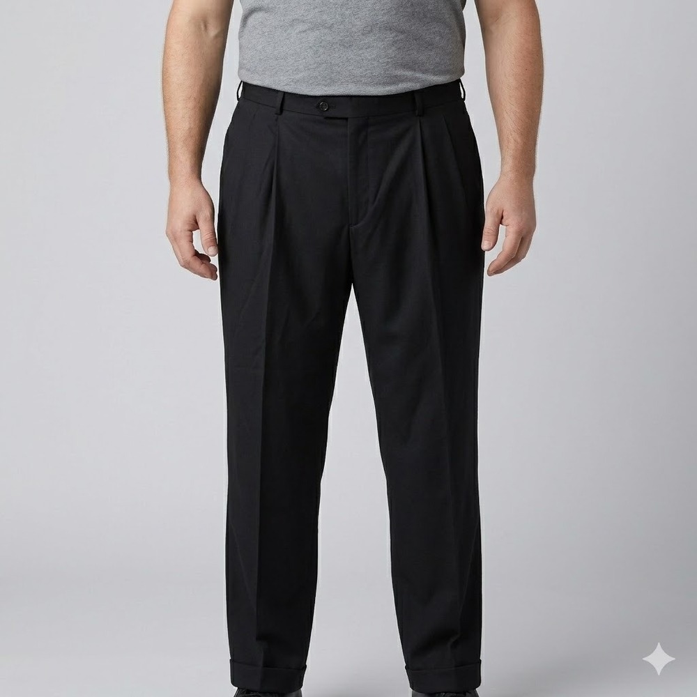 Neiman Marcus Pleated Dress Pants 100% Wool‎ Made in Canada Cuffed Black Size 40